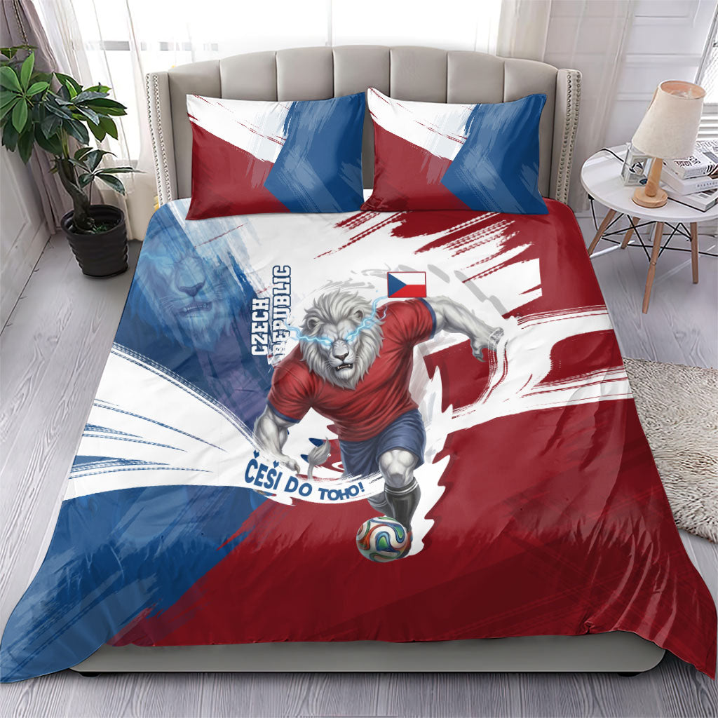 Czech Republic Football Bedding Set Fierce Athletic Lion Graphic In Painted Grunge Flag Style