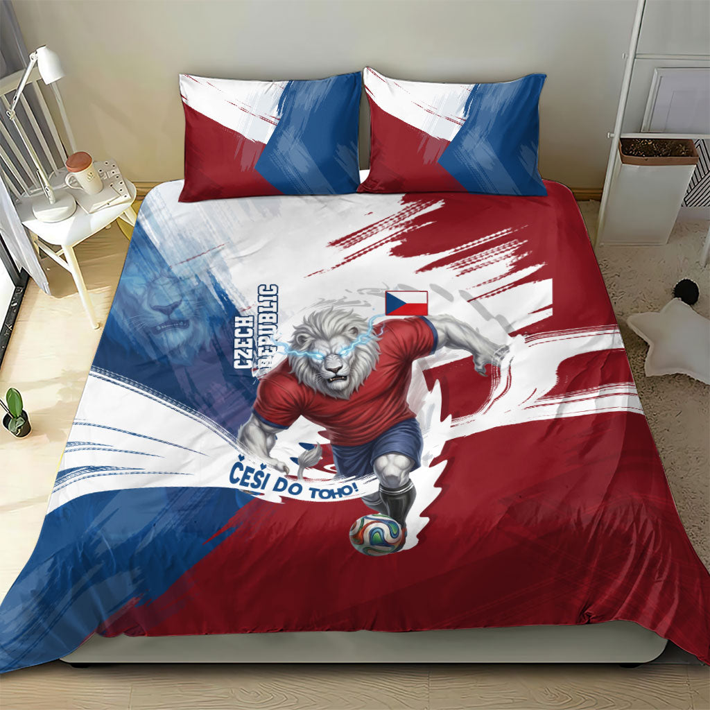 Czech Republic Football Bedding Set Fierce Athletic Lion Graphic In Painted Grunge Flag Style