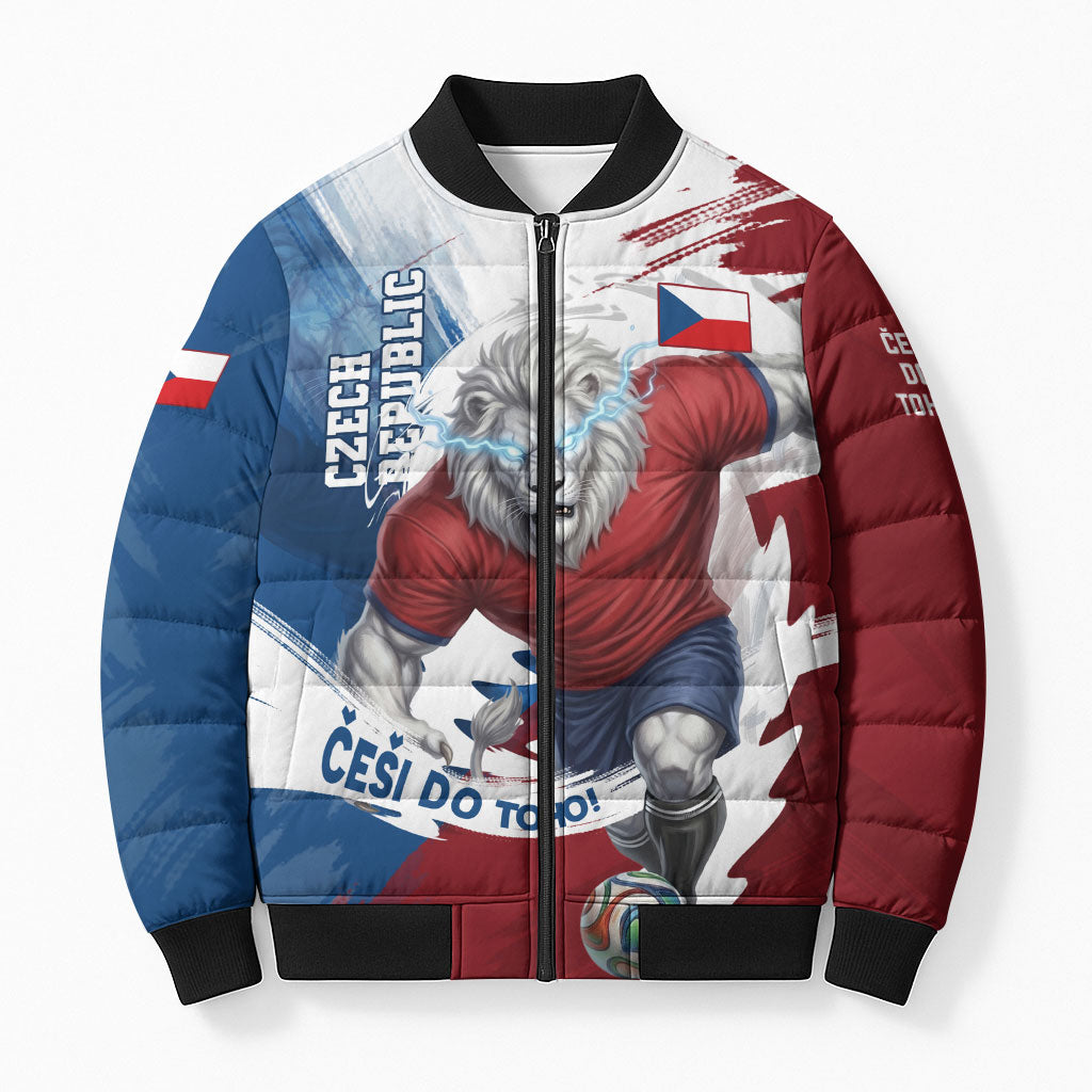 Czech Republic Football Bomber Puffer Jacket Fierce Athletic Lion Graphic In Painted Grunge Flag Style