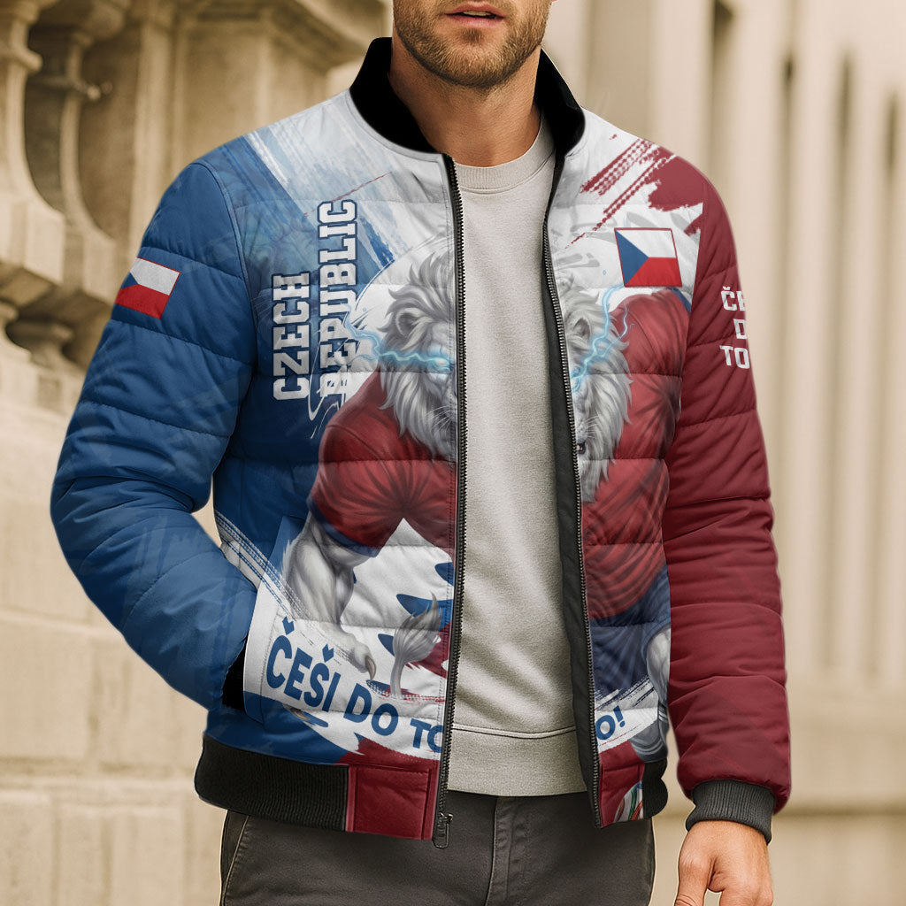 Czech Republic Football Bomber Puffer Jacket Fierce Athletic Lion Graphic In Painted Grunge Flag Style