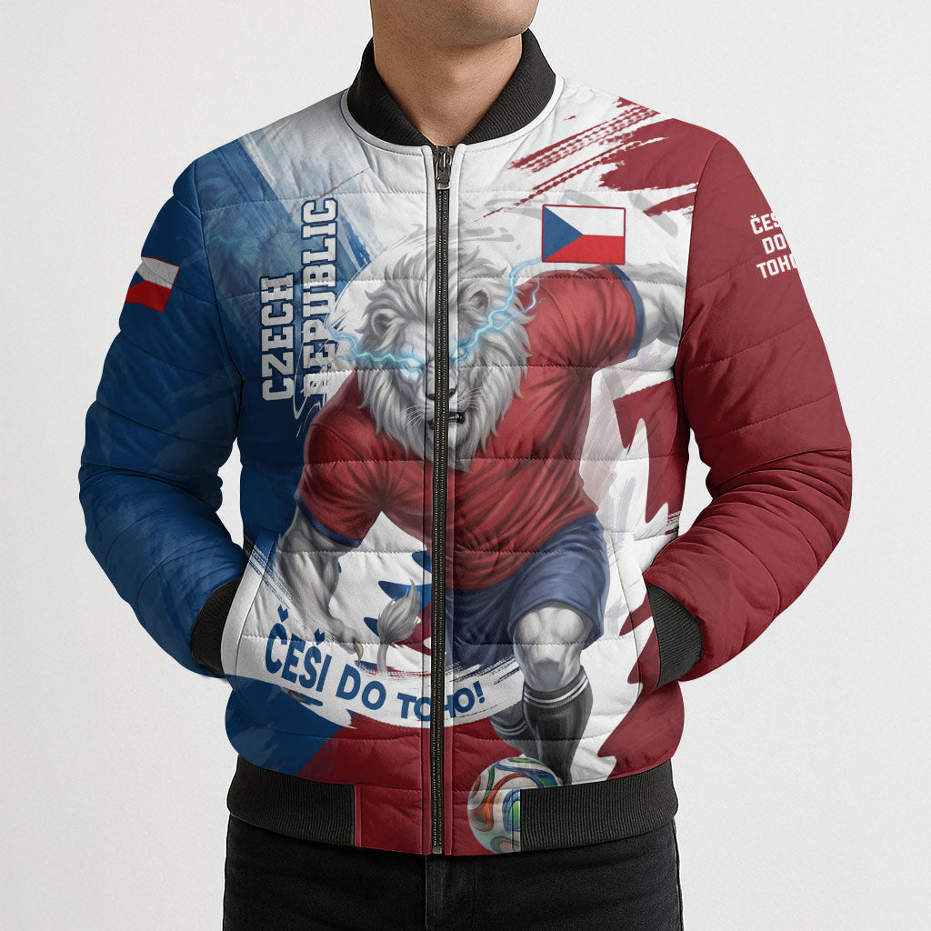 Czech Republic Football Bomber Puffer Jacket Fierce Athletic Lion Graphic In Painted Grunge Flag Style