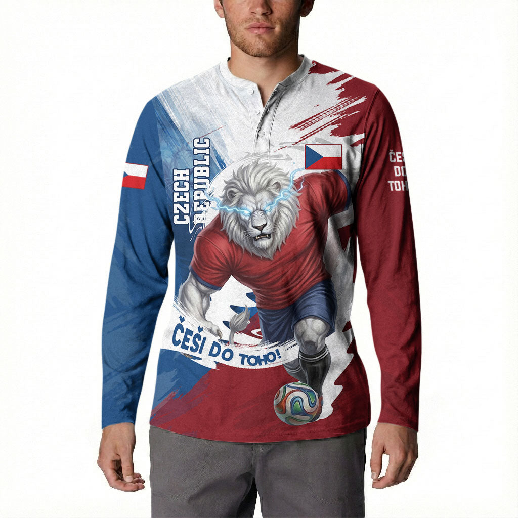 Czech Republic Football Button Sweatshirt Fierce Athletic Lion Graphic In Painted Grunge Flag Style