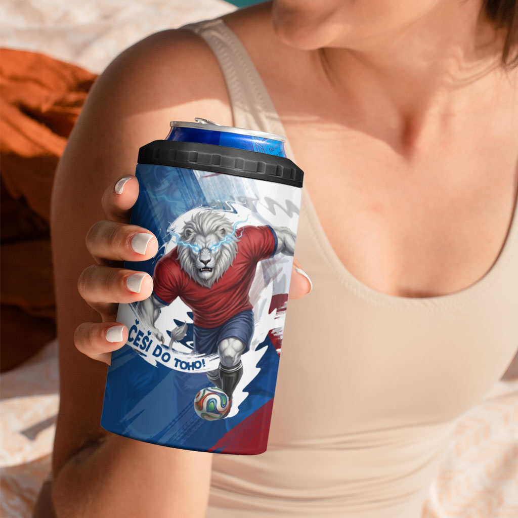 Czech Republic Football 4 in 1 Can Cooler Tumbler Fierce Athletic Lion Graphic In Painted Grunge Flag Style