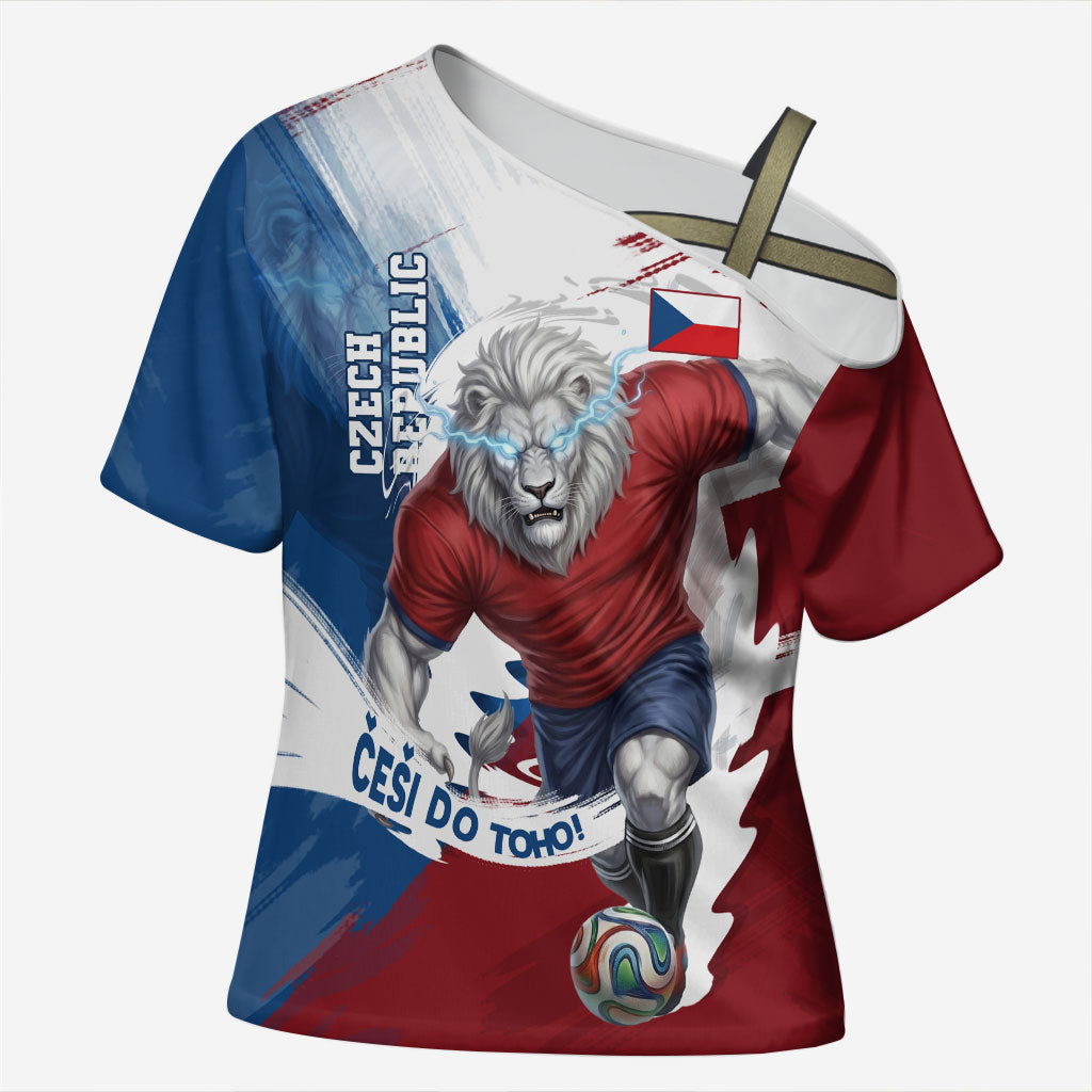 Czech Republic Football Cross Shoulder Shirt Fierce Athletic Lion Graphic In Painted Grunge Flag Style