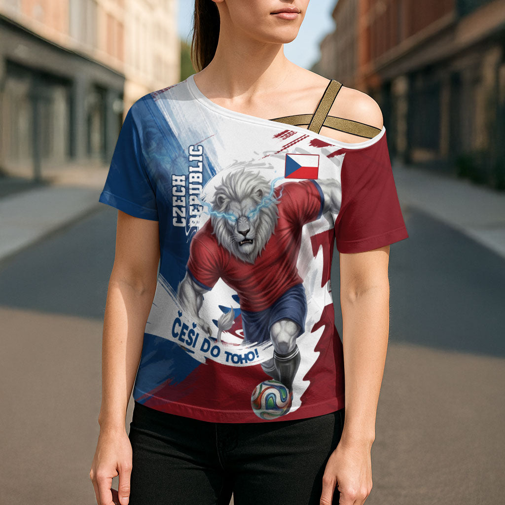 Czech Republic Football Cross Shoulder Shirt Fierce Athletic Lion Graphic In Painted Grunge Flag Style