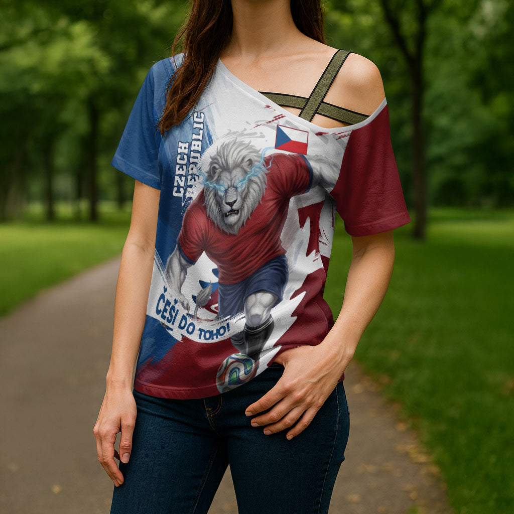 Czech Republic Football Cross Shoulder Shirt Fierce Athletic Lion Graphic In Painted Grunge Flag Style
