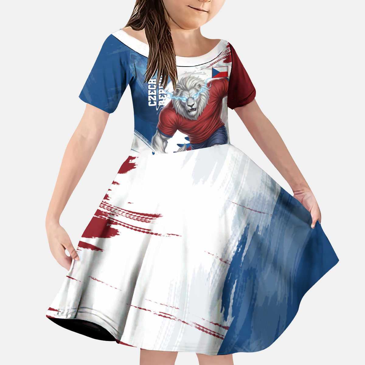 Czech Republic Football Kid Short Sleeve Dress Fierce Athletic Lion Graphic In Painted Grunge Flag Style