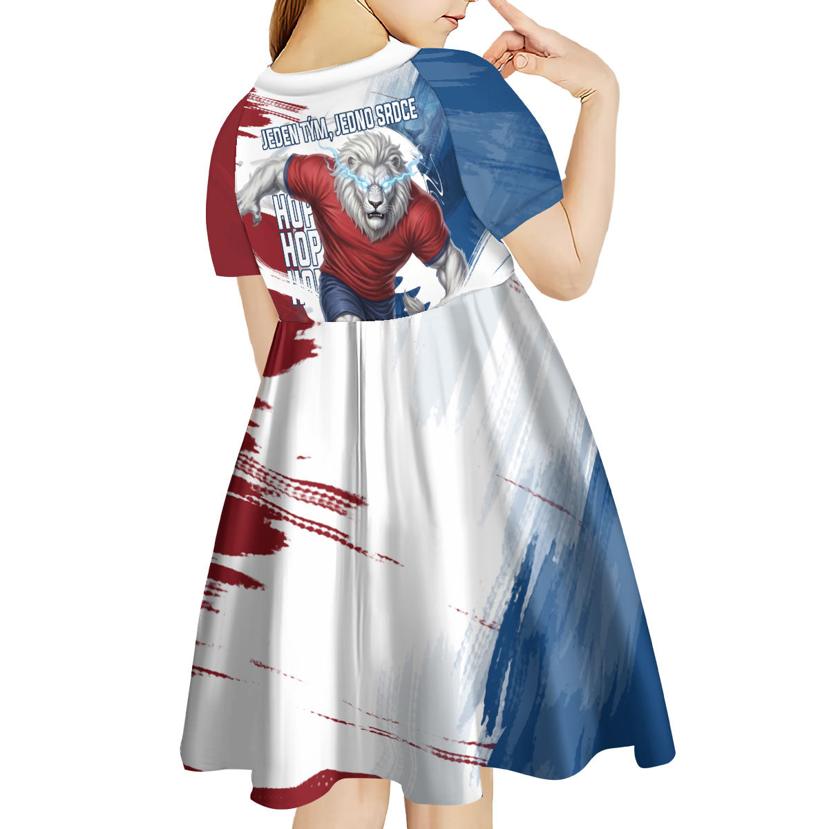 Czech Republic Football Kid Short Sleeve Dress Fierce Athletic Lion Graphic In Painted Grunge Flag Style