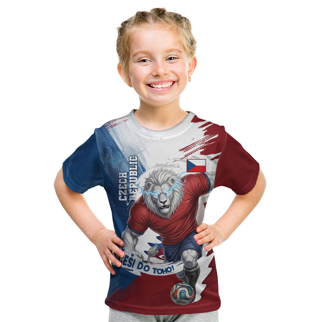 Czech Republic Football Kid T Shirt Fierce Athletic Lion Graphic In Painted Grunge Flag Style