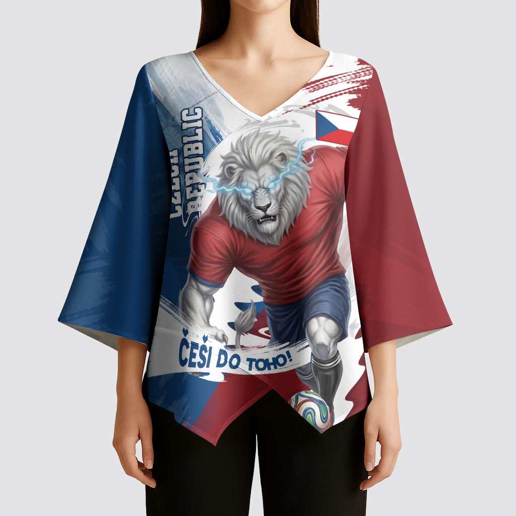 Czech Republic Football Kimono Sleeve Blouse Fierce Athletic Lion Graphic In Painted Grunge Flag Style