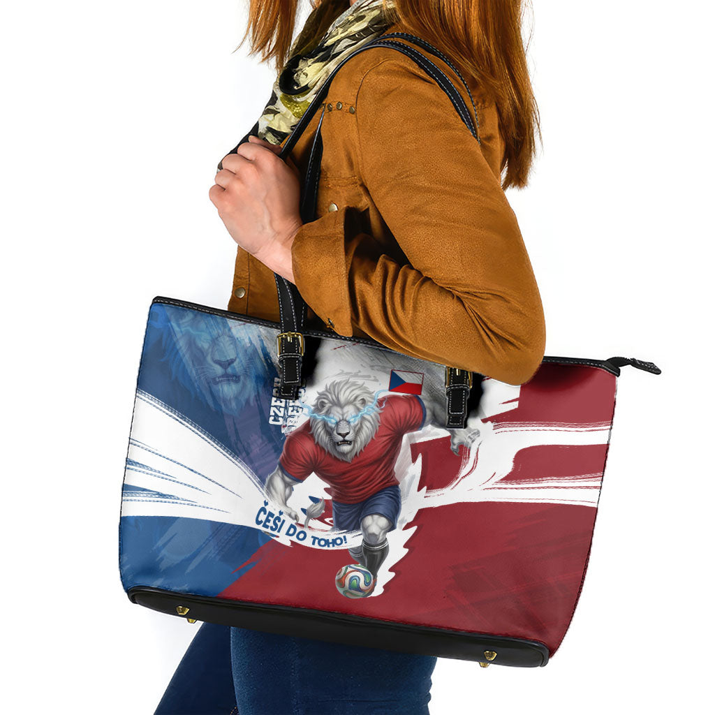 Czech Republic Football Leather Tote Bag Fierce Athletic Lion Graphic In Painted Grunge Flag Style