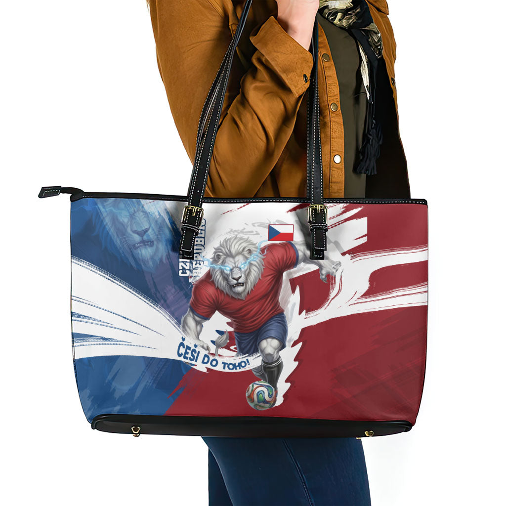 Czech Republic Football Leather Tote Bag Fierce Athletic Lion Graphic In Painted Grunge Flag Style