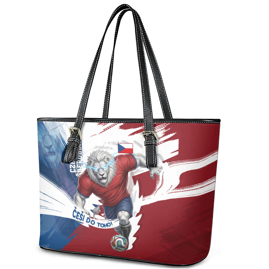 Czech Republic Football Leather Tote Bag Fierce Athletic Lion Graphic In Painted Grunge Flag Style