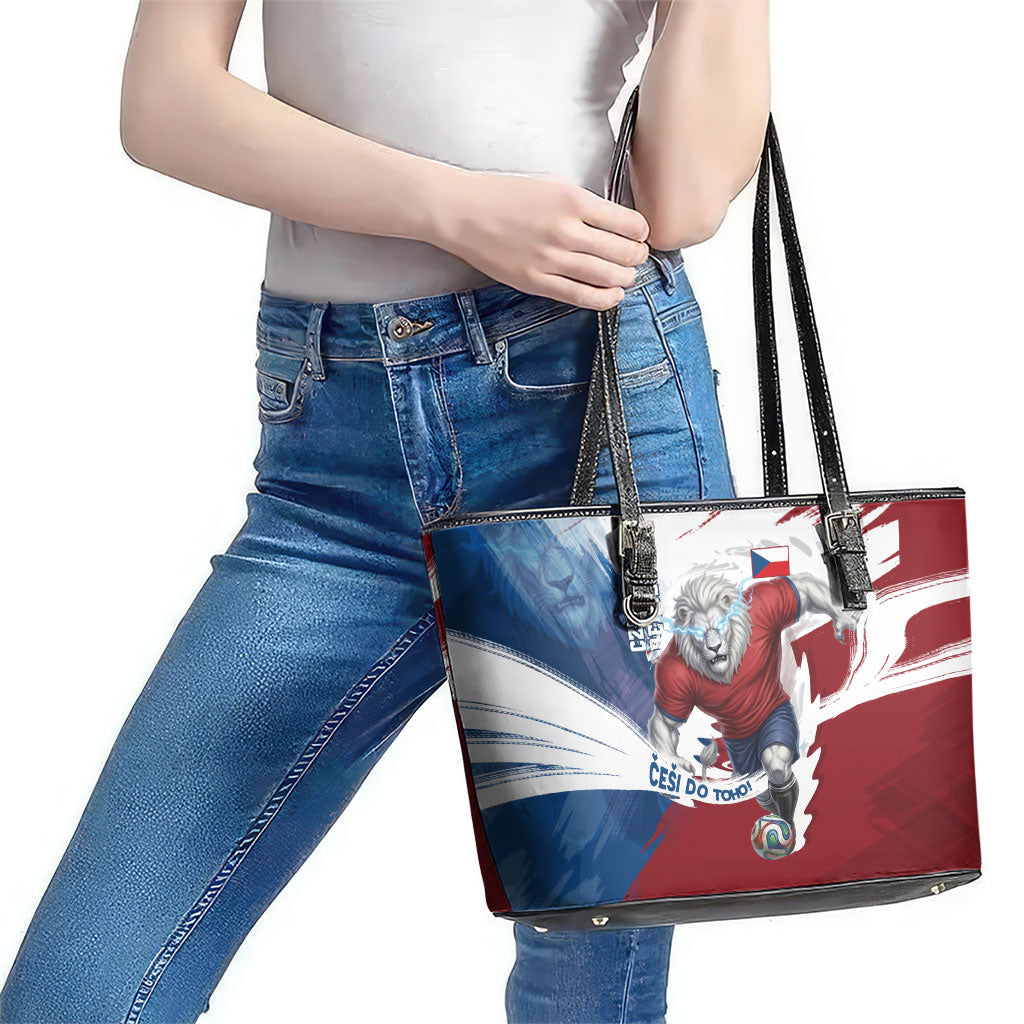 Czech Republic Football Leather Tote Bag Fierce Athletic Lion Graphic In Painted Grunge Flag Style