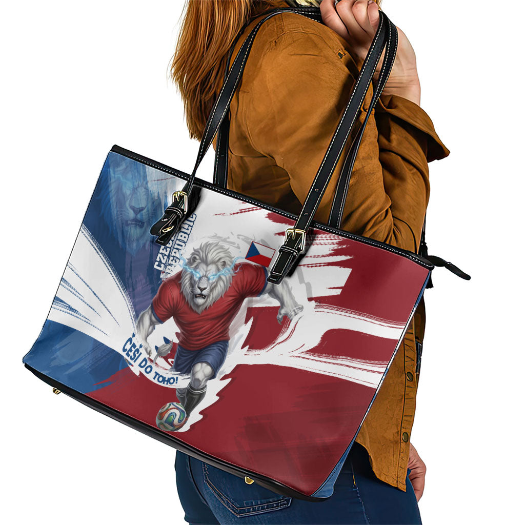 Czech Republic Football Leather Tote Bag Fierce Athletic Lion Graphic In Painted Grunge Flag Style