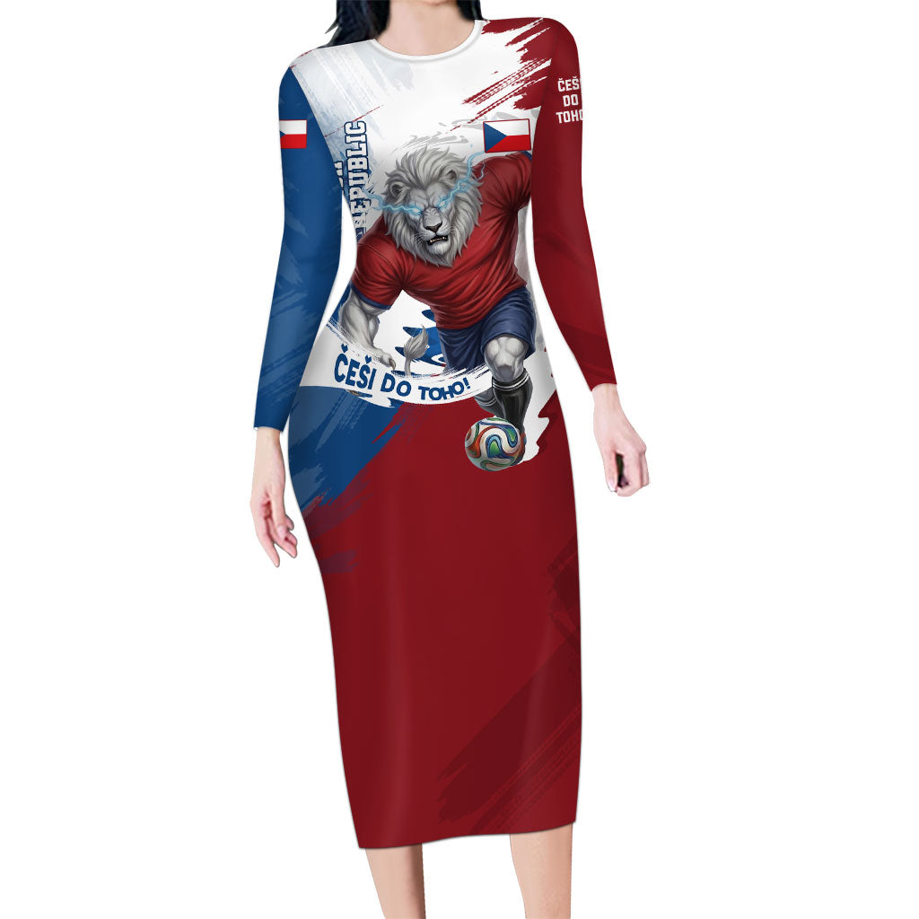 Czech Republic Football Long Sleeve Bodycon Dress Fierce Athletic Lion Graphic In Painted Grunge Flag Style