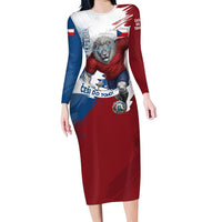 Czech Republic Football Long Sleeve Bodycon Dress Fierce Athletic Lion Graphic In Painted Grunge Flag Style