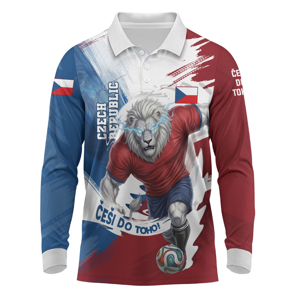 Czech Republic Football Long Sleeve Polo Shirt Fierce Athletic Lion Graphic In Painted Grunge Flag Style