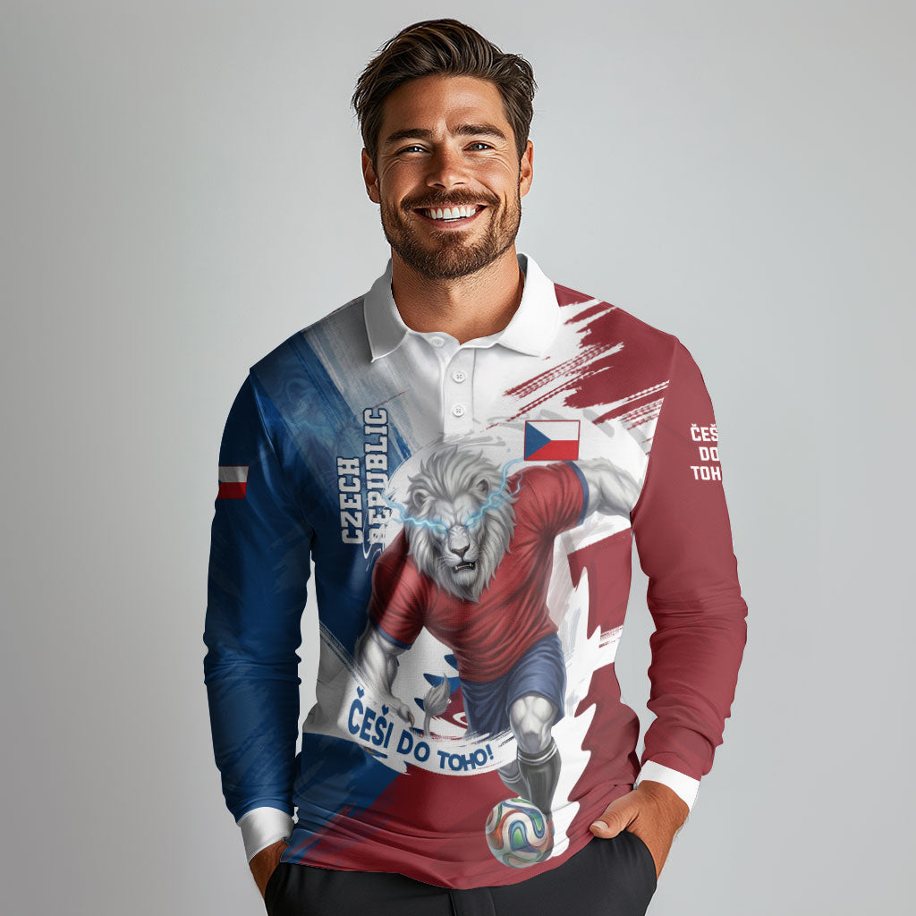 Czech Republic Football Long Sleeve Polo Shirt Fierce Athletic Lion Graphic In Painted Grunge Flag Style