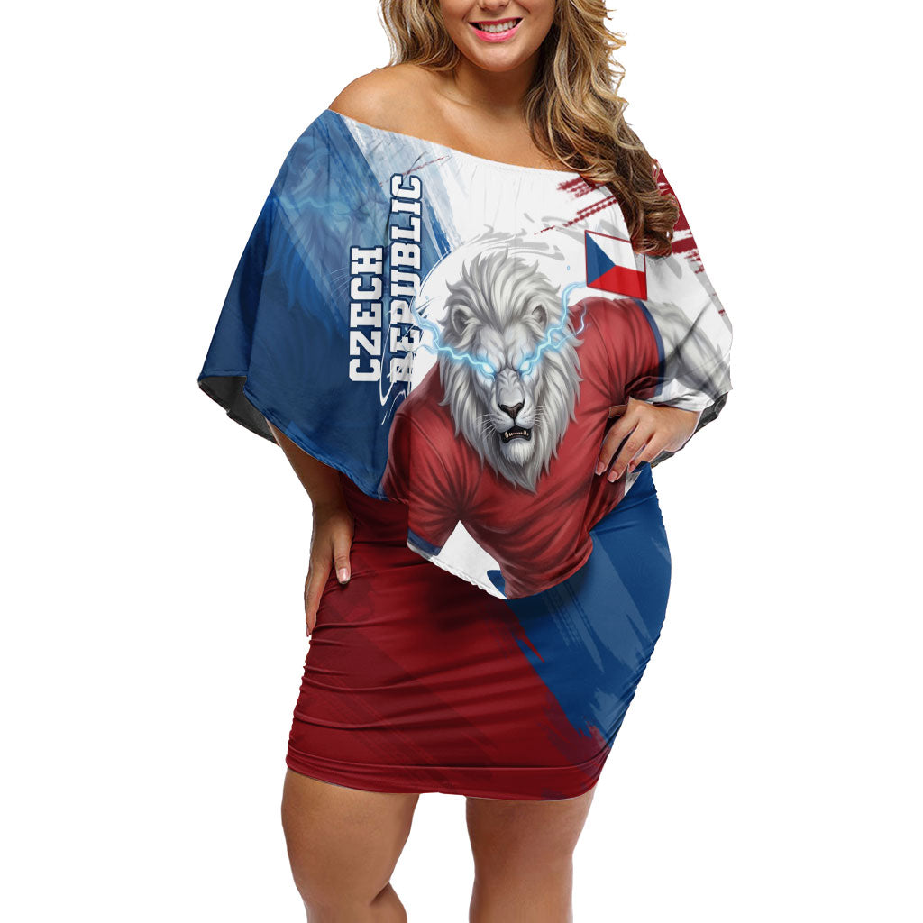 Czech Republic Football Off Shoulder Short Dress Fierce Athletic Lion Graphic In Painted Grunge Flag Style