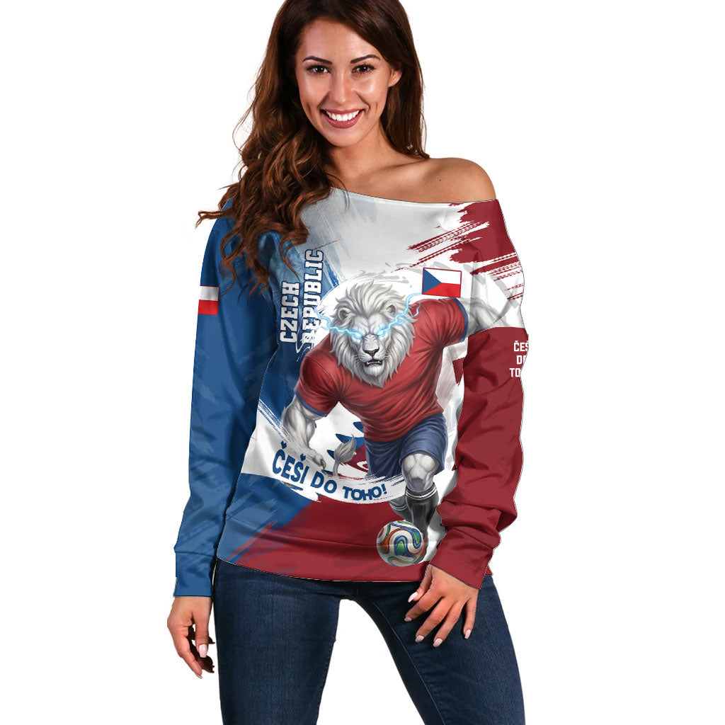 Czech Republic Football Off Shoulder Sweater Fierce Athletic Lion Graphic In Painted Grunge Flag Style