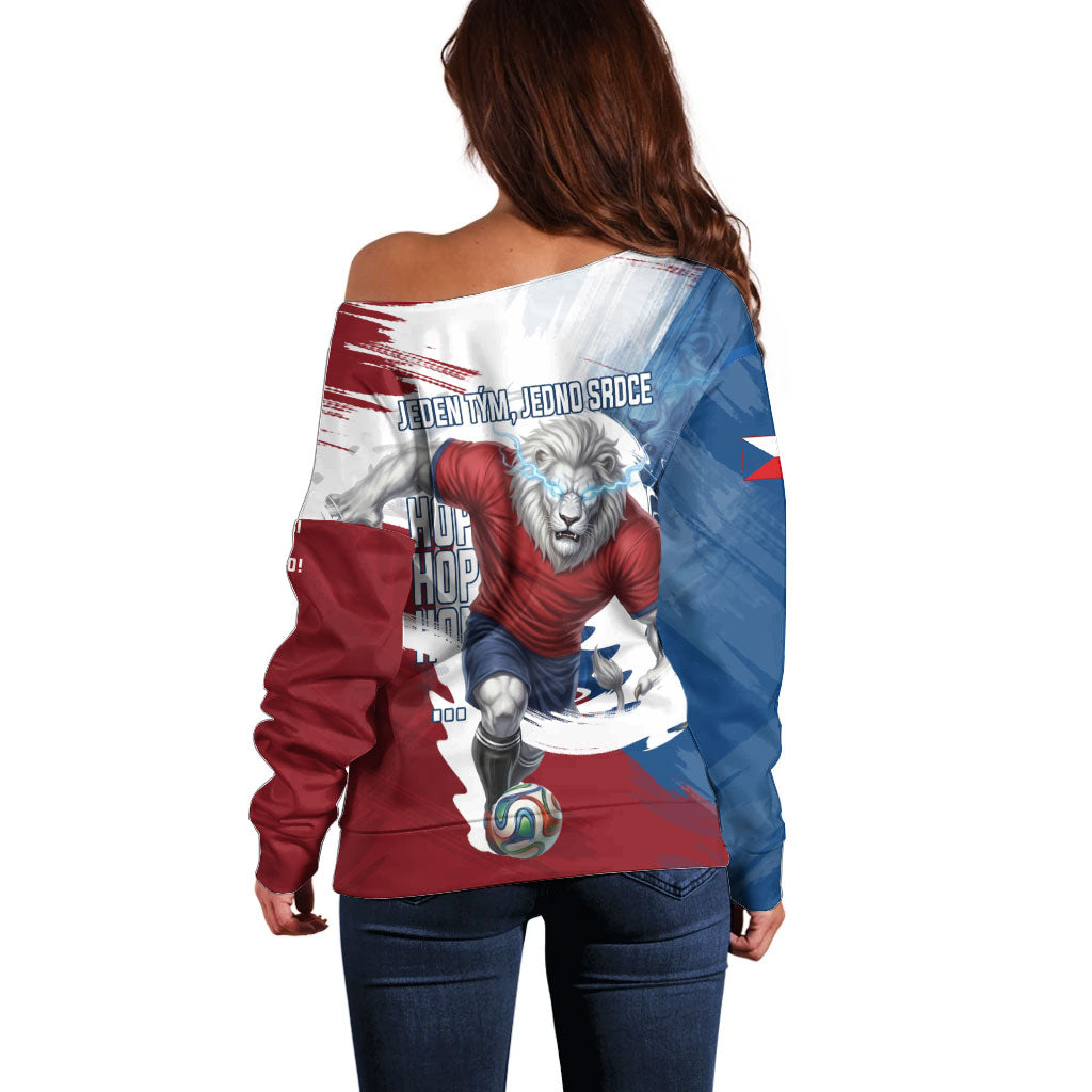 Czech Republic Football Off Shoulder Sweater Fierce Athletic Lion Graphic In Painted Grunge Flag Style