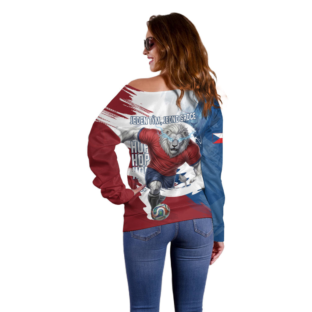 Czech Republic Football Off Shoulder Sweater Fierce Athletic Lion Graphic In Painted Grunge Flag Style