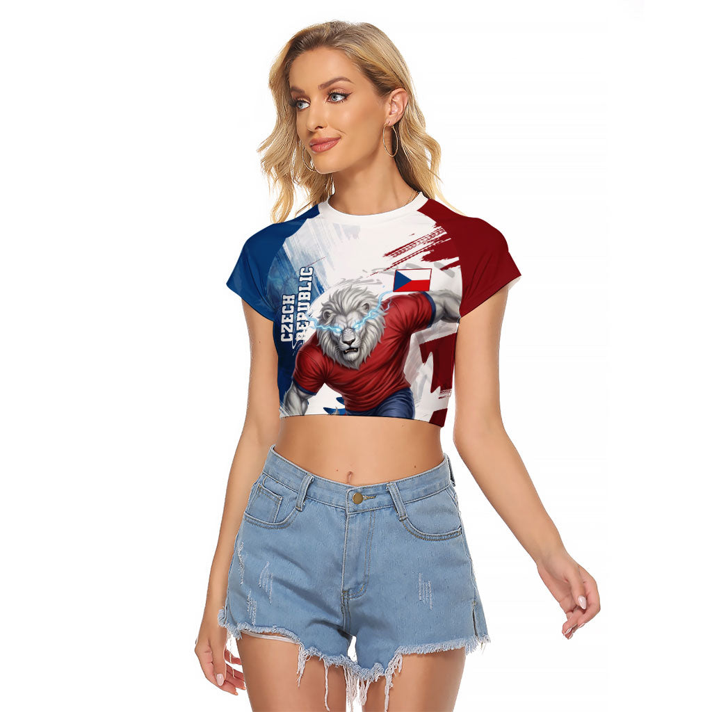 Czech Republic Football Raglan Cropped T Shirt Fierce Athletic Lion Graphic In Painted Grunge Flag Style