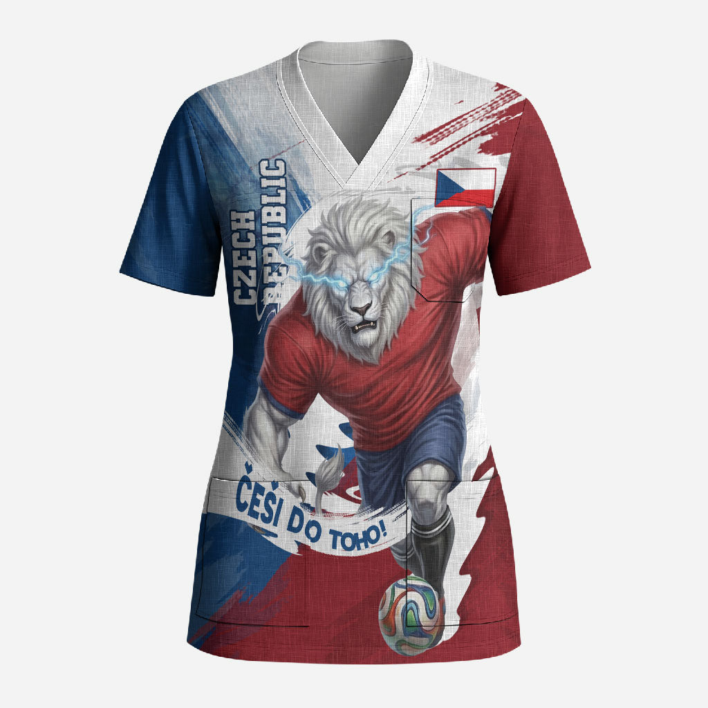 Czech Republic Football Scrub Top Fierce Athletic Lion Graphic In Painted Grunge Flag Style