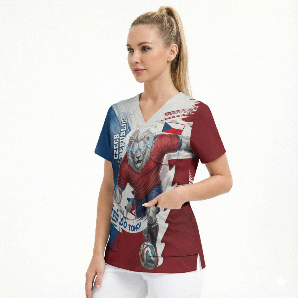 Czech Republic Football Scrub Top Fierce Athletic Lion Graphic In Painted Grunge Flag Style