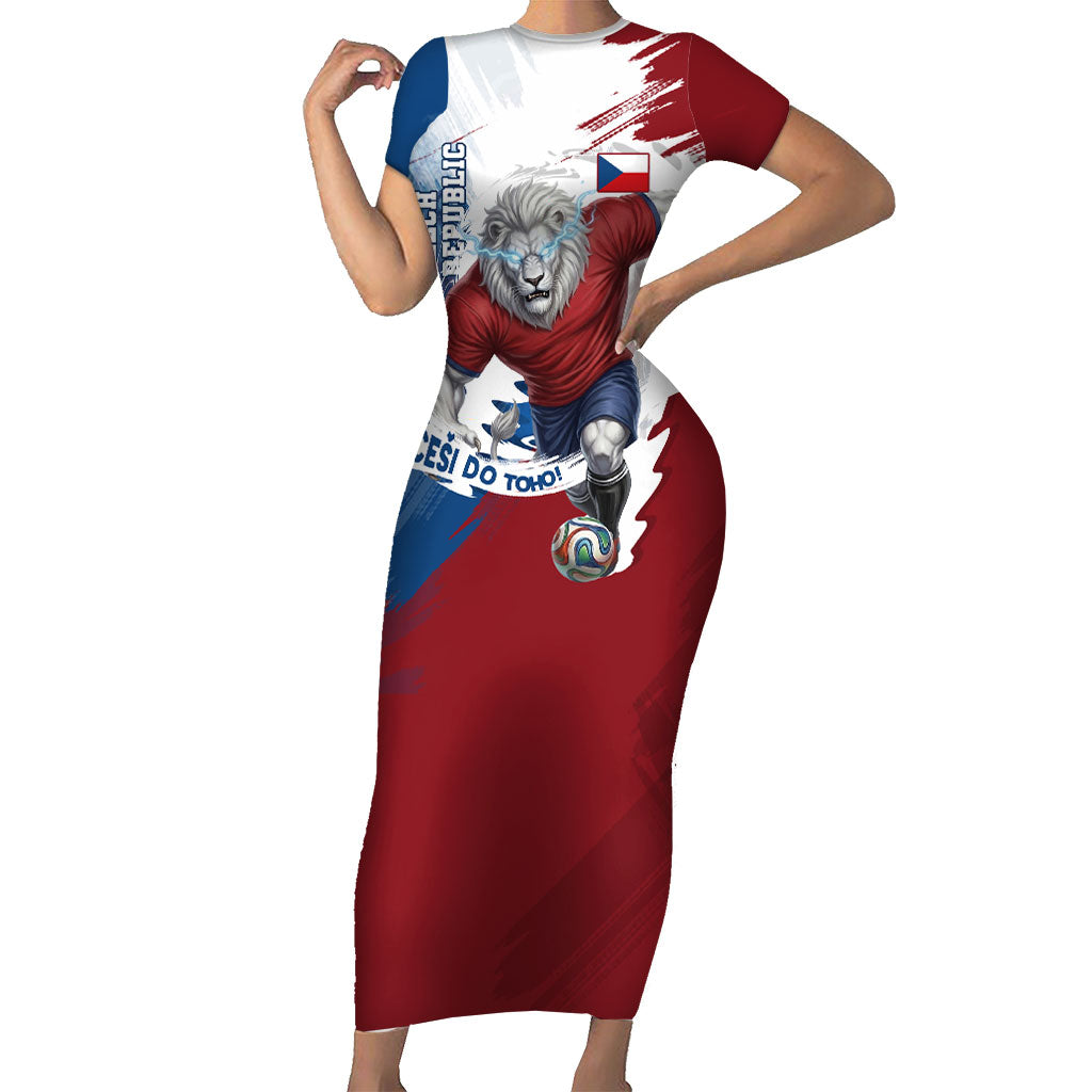 Czech Republic Football Short Sleeve Bodycon Dress Fierce Athletic Lion Graphic In Painted Grunge Flag Style