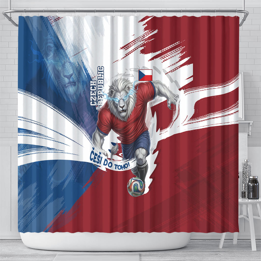 Czech Republic Football Shower Curtain Fierce Athletic Lion Graphic In Painted Grunge Flag Style