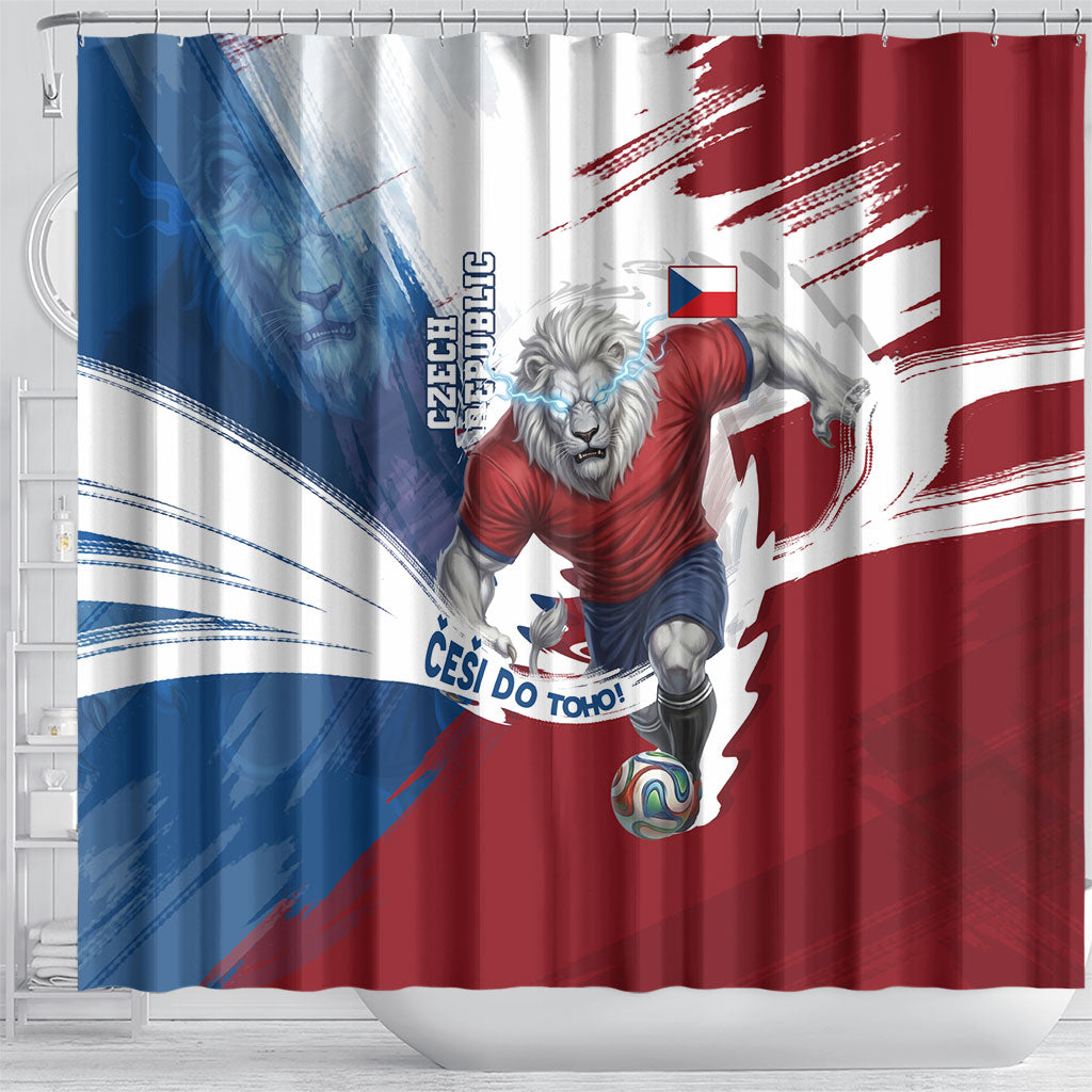 Czech Republic Football Shower Curtain Fierce Athletic Lion Graphic In Painted Grunge Flag Style
