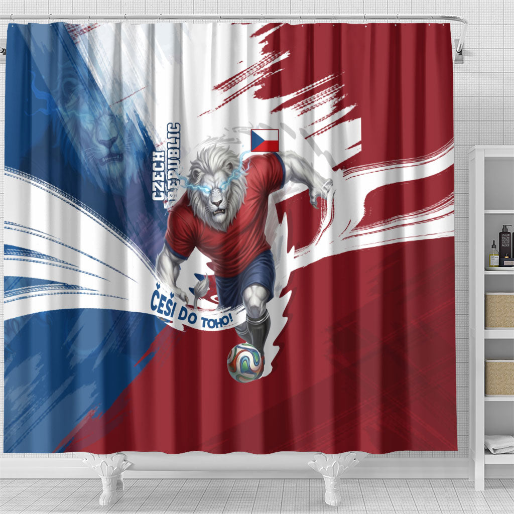 Czech Republic Football Shower Curtain Fierce Athletic Lion Graphic In Painted Grunge Flag Style