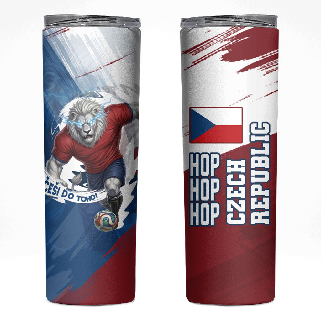 Czech Republic Football Skinny Tumbler Fierce Athletic Lion Graphic In Painted Grunge Flag Style