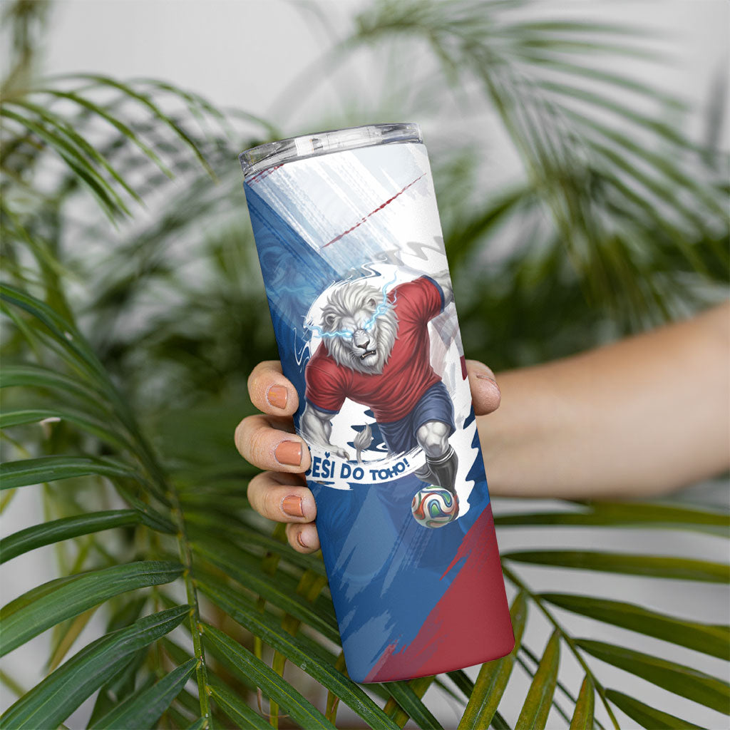 Czech Republic Football Skinny Tumbler Fierce Athletic Lion Graphic In Painted Grunge Flag Style