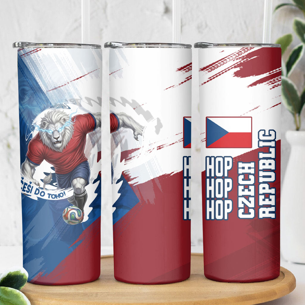 Czech Republic Football Skinny Tumbler Fierce Athletic Lion Graphic In Painted Grunge Flag Style