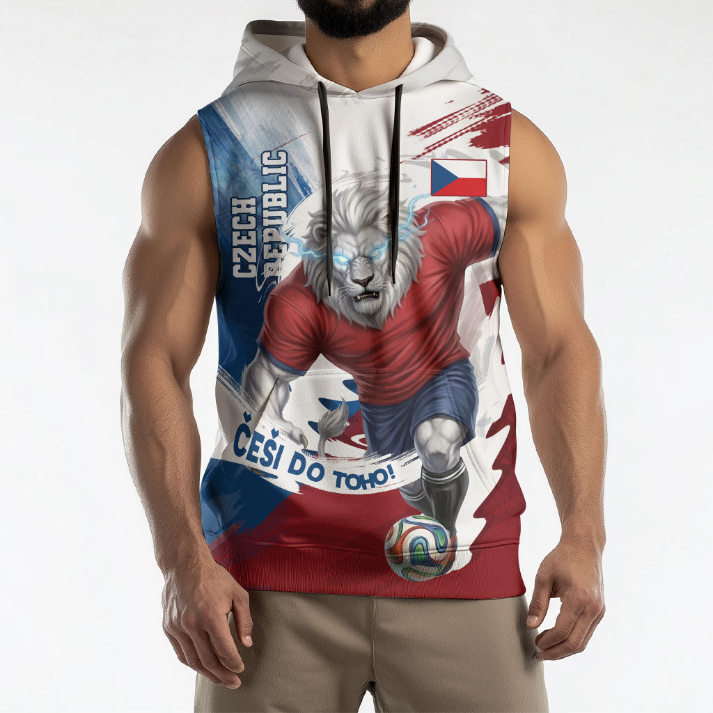 Czech Republic Football Sleeveless Hoodie Fierce Athletic Lion Graphic In Painted Grunge Flag Style
