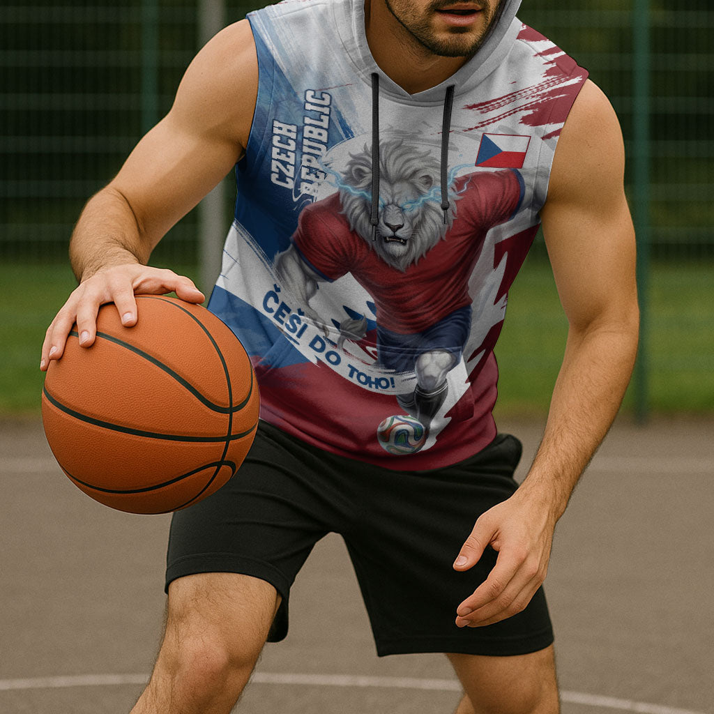 Czech Republic Football Sleeveless Hoodie Fierce Athletic Lion Graphic In Painted Grunge Flag Style