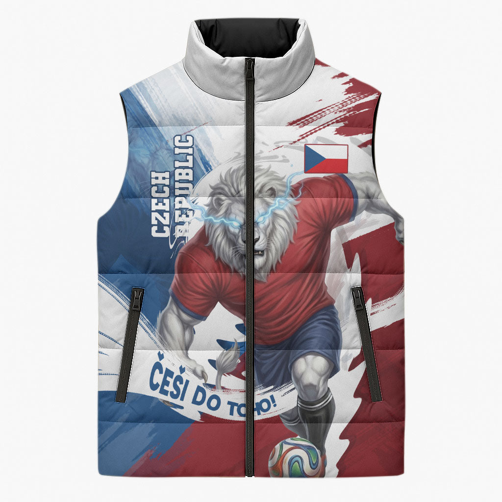 Czech Republic Football Sleeveless Puffer Jacket Fierce Athletic Lion Graphic In Painted Grunge Flag Style
