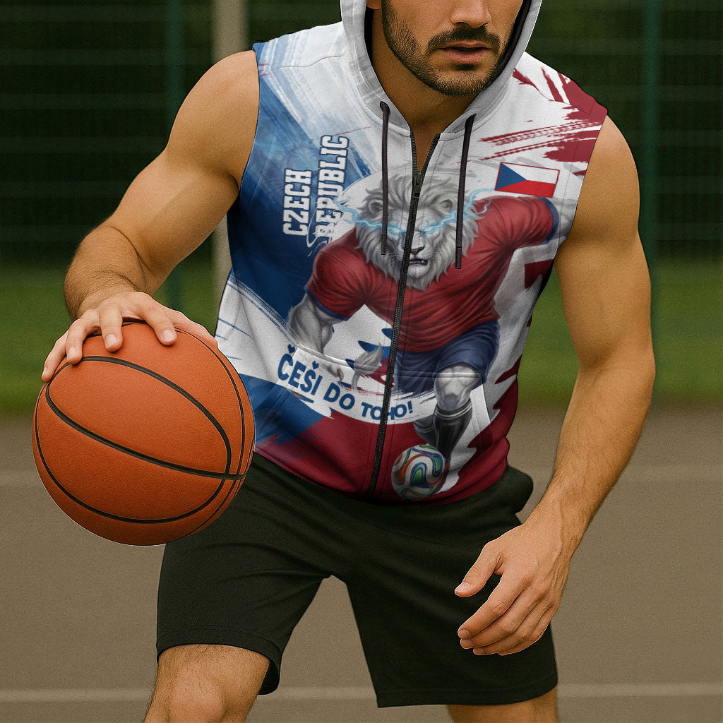 Czech Republic Football Sleeveless Zip Hoodie Fierce Athletic Lion Graphic In Painted Grunge Flag Style