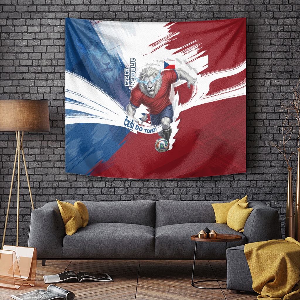 Czech Republic Football Tapestry Fierce Athletic Lion Graphic In Painted Grunge Flag Style