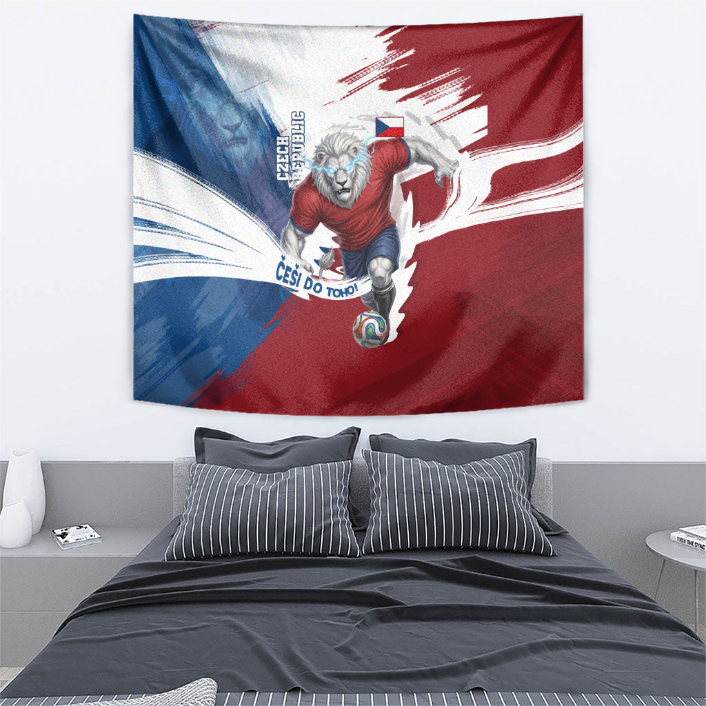 Czech Republic Football Tapestry Fierce Athletic Lion Graphic In Painted Grunge Flag Style
