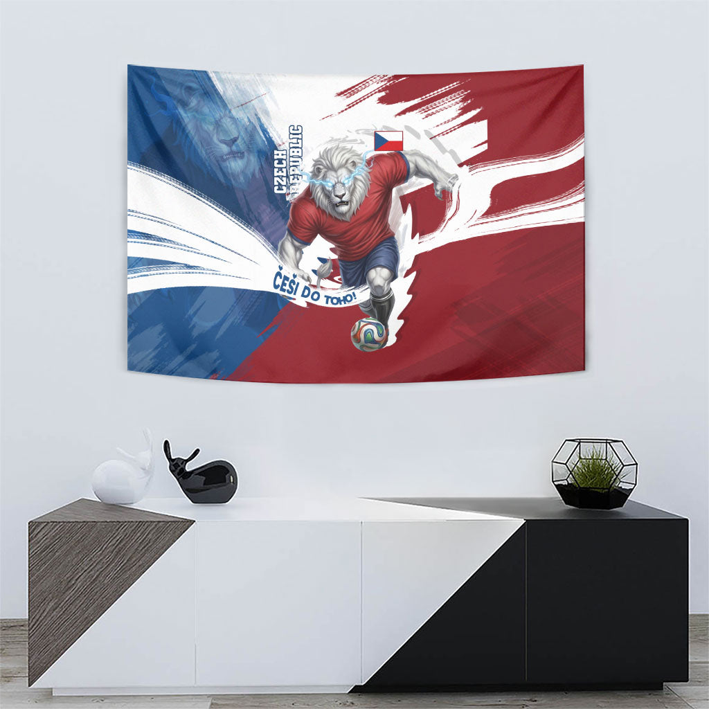 Czech Republic Football Tapestry Fierce Athletic Lion Graphic In Painted Grunge Flag Style