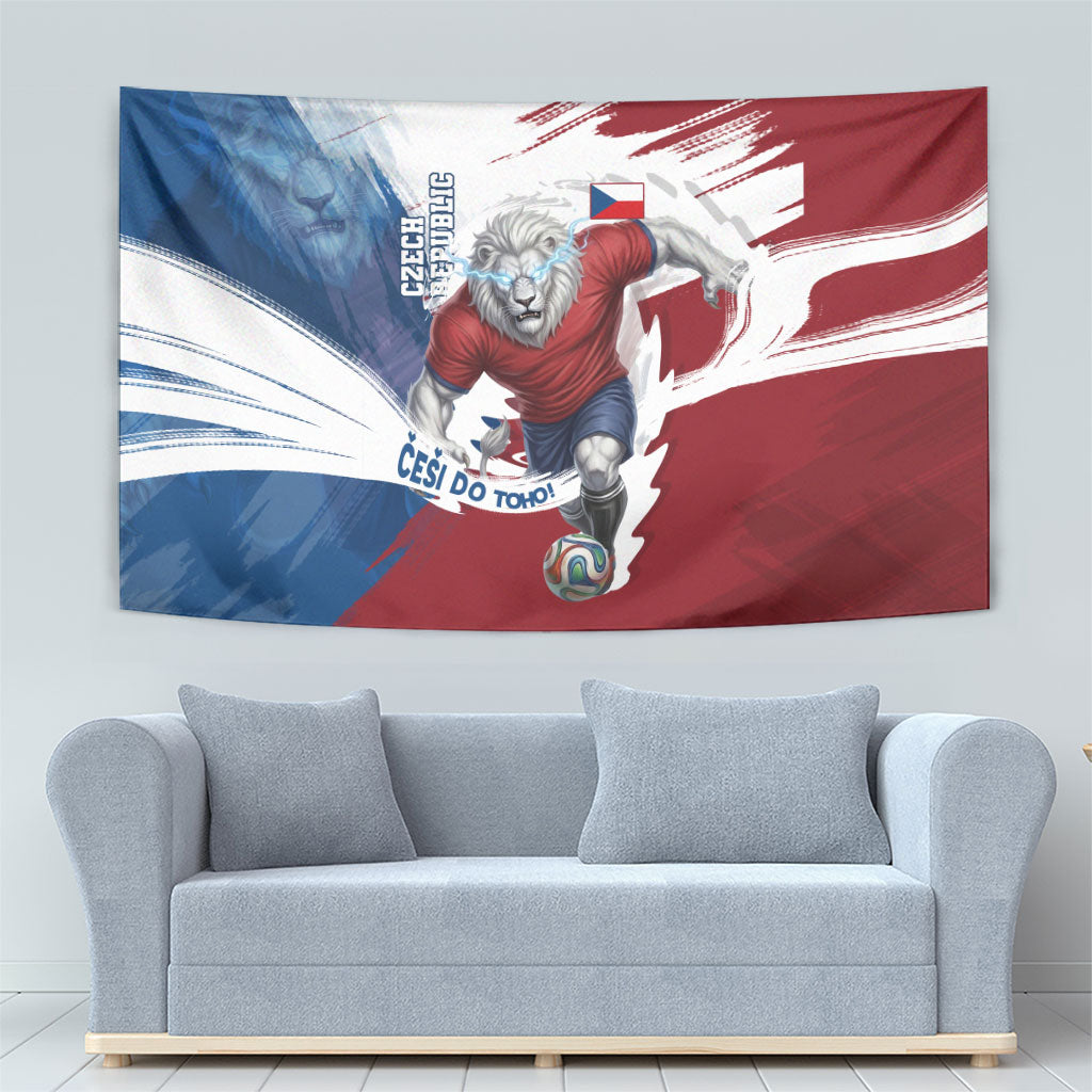 Czech Republic Football Tapestry Fierce Athletic Lion Graphic In Painted Grunge Flag Style