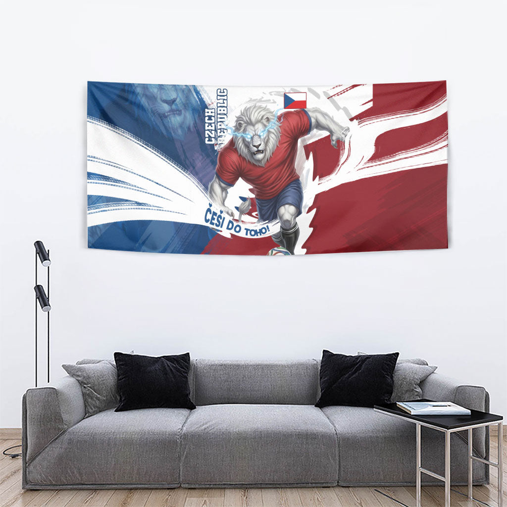 Czech Republic Football Tapestry Fierce Athletic Lion Graphic In Painted Grunge Flag Style