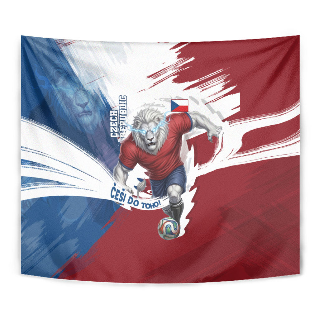 Czech Republic Football Tapestry Fierce Athletic Lion Graphic In Painted Grunge Flag Style