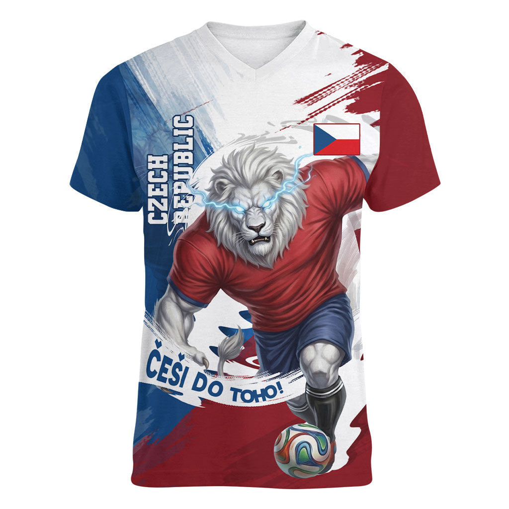 Czech Republic Football Women V-Neck T-Shirt Fierce Athletic Lion Graphic In Painted Grunge Flag Style