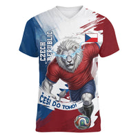 Czech Republic Football Women V-Neck T-Shirt Fierce Athletic Lion Graphic In Painted Grunge Flag Style