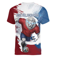 Czech Republic Football Women V-Neck T-Shirt Fierce Athletic Lion Graphic In Painted Grunge Flag Style